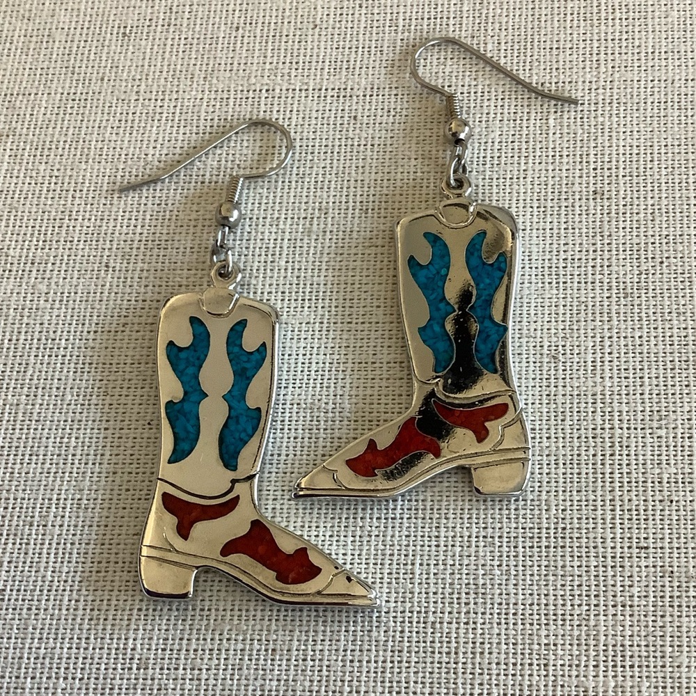 Silver, Inlaid Cowboy Boots Dangle Earrings